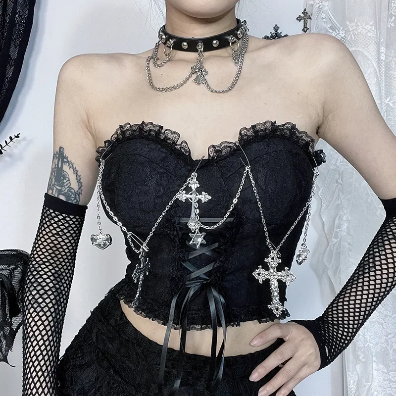 ISAROSE Gothic Crop Tops for Women Sexy Black Stretch Strapless Backless Front Lace-up Tops with Antique Silver Cross Charms