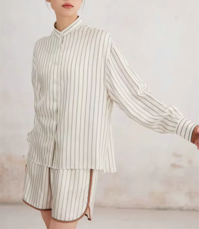 

25 Spring Summer B*C New Striped Silk Long Sleeve Shirt with Shorts suit Two-piece Set