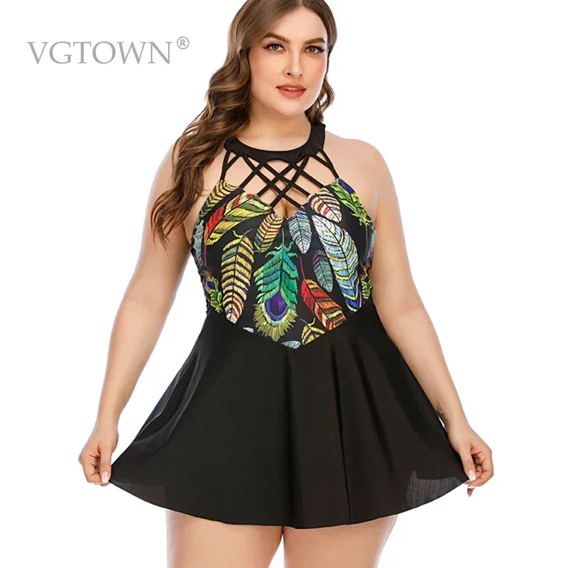 2025 New Plus Size 8XL 10XL Two Piece Swimsuit Women Super Flower Print Swimwear Black Tankini Skirt Beach Bathing Suit