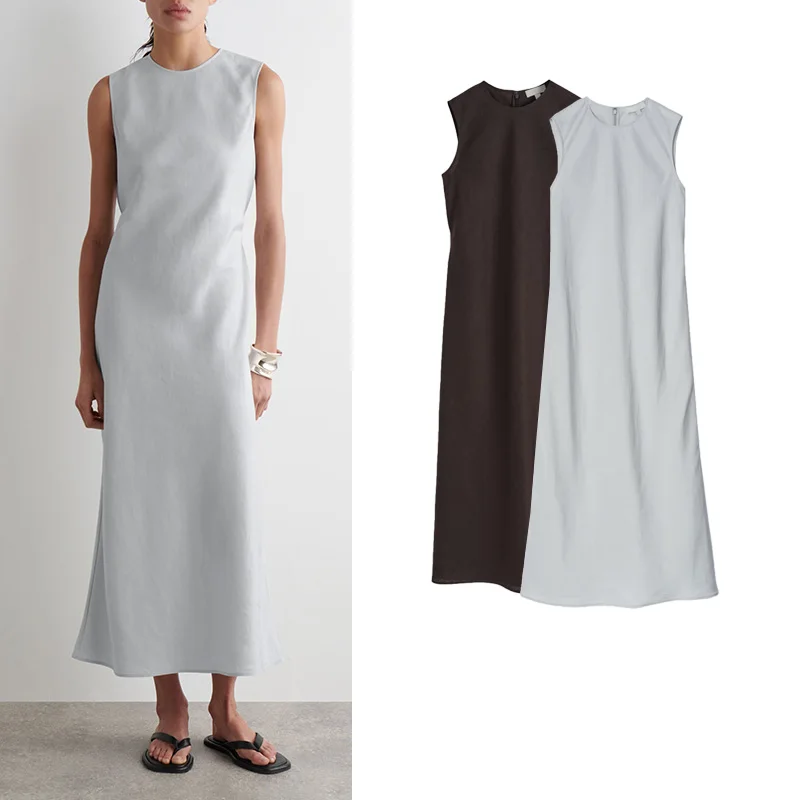 

Summer New Women's Simple round Ne Svel Stand Fit Oblique Cut Midi Dr Commute Sle l Waist Polyester Fiber