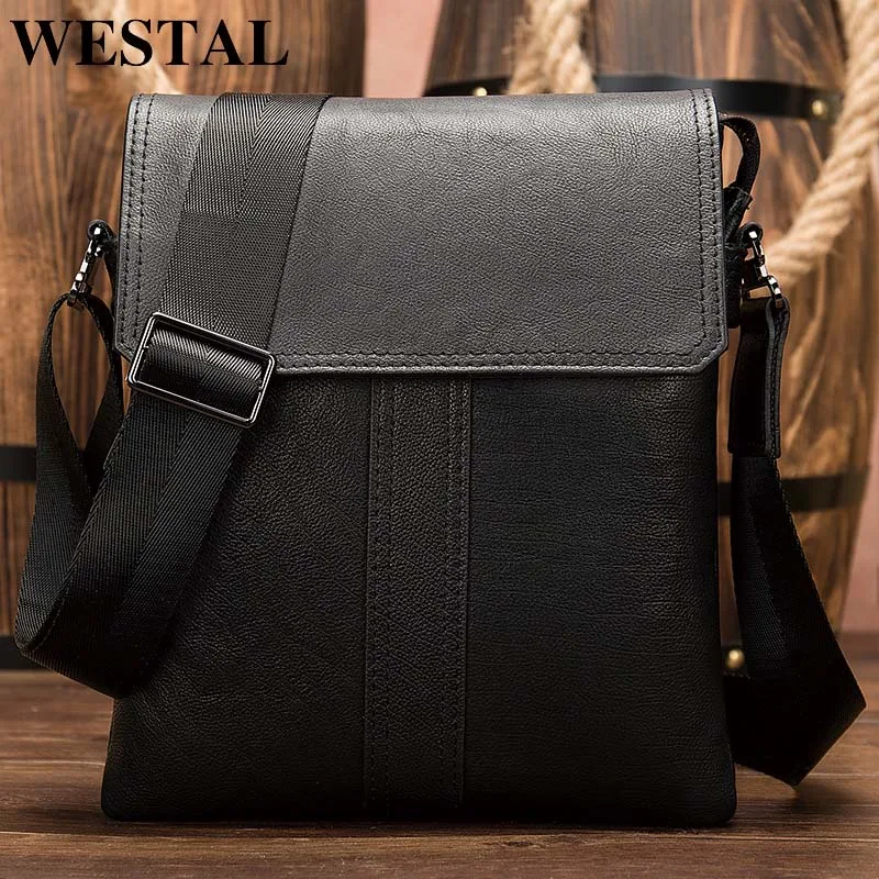 WESTAL Shoulder Bag Husband Black Men Leather Bag for ipad Crossbody Bags for Men Mid Desinger Messenger Bags Handbags 8678