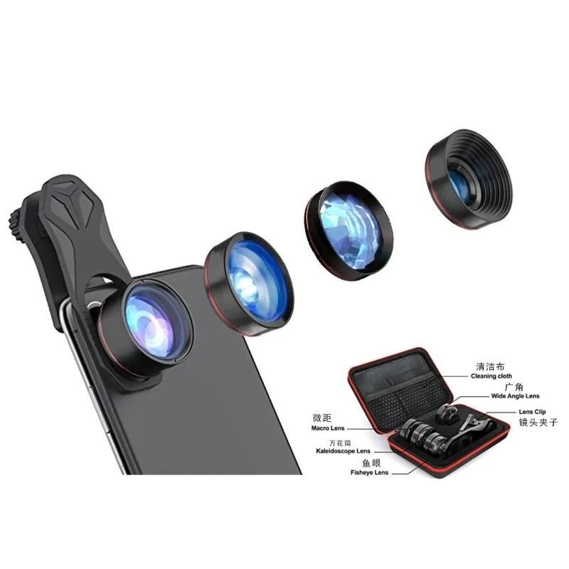 Multifunctional 4-in-1 mobile phone with additional lens, independent wide-angle macro fisheye mobile phone lens with
