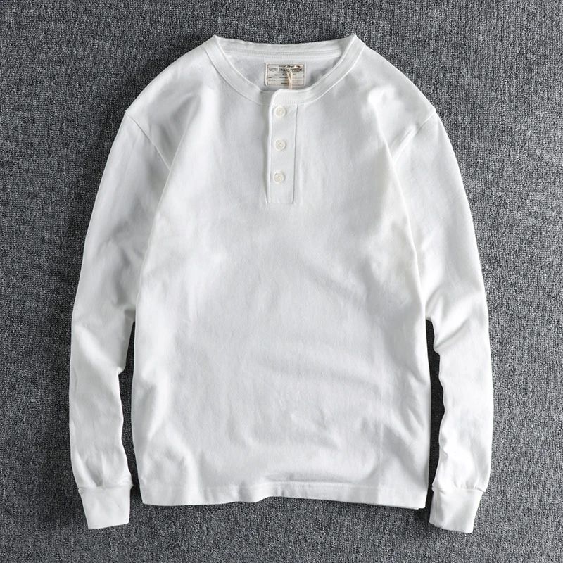 Amekaji Retro Double Yarn 100% Cotton Henry Collar Long Sleeve T-shirt for Men Solid Color Basic Versatile Daily Youth Tees Tops