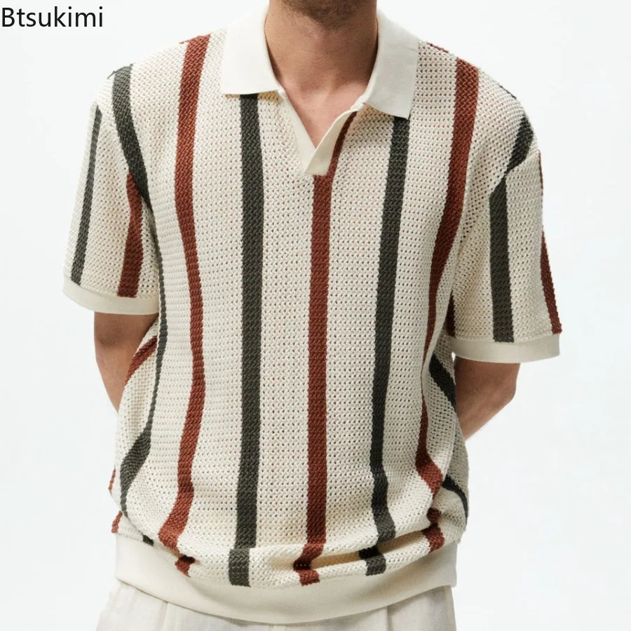 2024 Summer Men\'s Fashion Hollow Out Knitted Polo Shirts Striped Contrast Color Design Business Casual Knitwear Pullover for Men