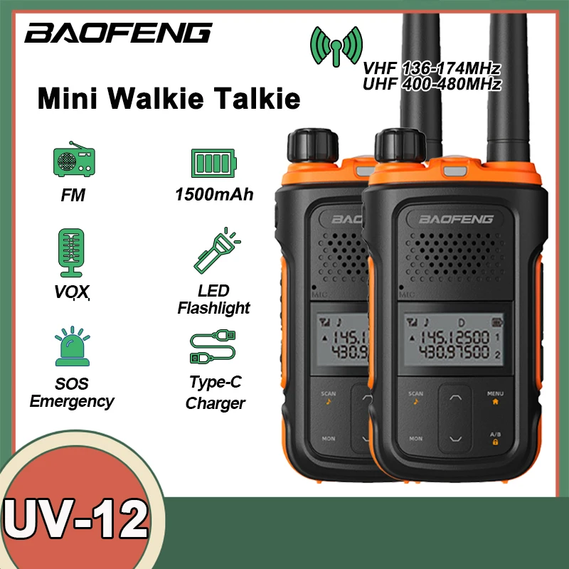 

2PCS Baofeng UV-12 Mini Walkie Talkie Dual Band VHF UHF Type-C Portable Long Range FM Ham Two Way Radio Children Kids Gift UV12