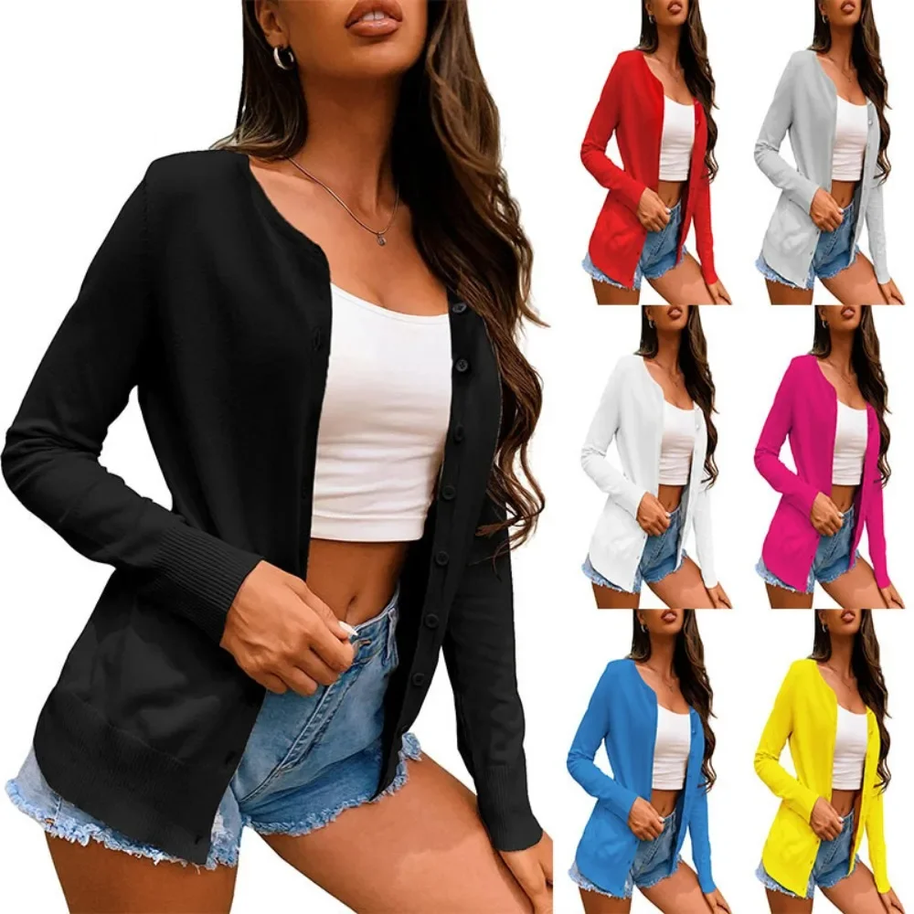 2024 Summer Women\'s Button Round Neck Long Sleeve Soft Knitted Cardigan Sweater for Women