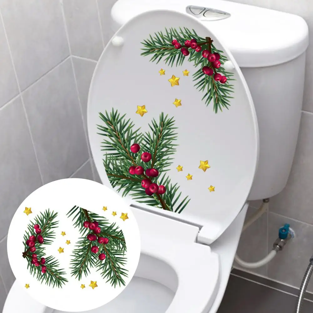 Toilet Decal Festive Christmas Toilet Sticker Pinecone Green Plant Leaves Easy Peel Stick No Residue Beautify Bathroom Decal