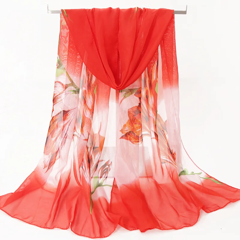 Hanxi 150*50cm macio chiffon impressão floral lenço de seda verão feminino praia envoltório