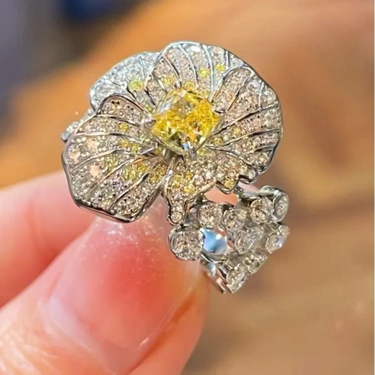 KQDANCE Luxury Solid 925 Sterling Silver With Yellow Ice Cut High Carbon Diamond Flower Rings Fine Jewelry For Women Gifts