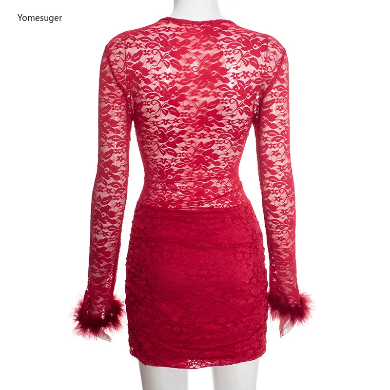 Yomesugar Women's Lace Sheer Bodycon Dress Sexy O-neck Feather Patchwork Long Sleeve Skinny Birthday Dresses Party Clubwear