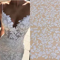 Mesh Embroidery Fabric with Lace Leaves, Wedding Dress, Bridal Lace Fabric, RS4145