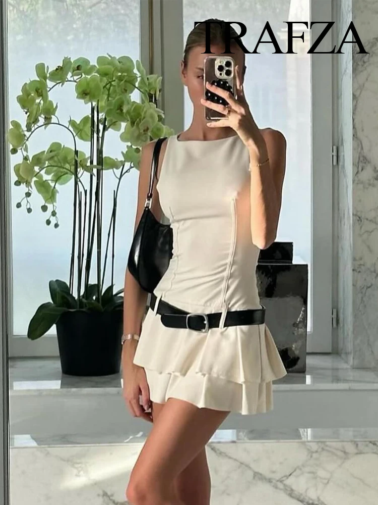 TRAFZA kobiety O dekolt bez rękawów Sexy z paskiem Slim Mini sukienka damska Vintage jednolita, szykowna wysoki stan z plisowana spódnica na zamek