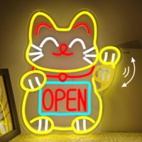 Waving Lucky Cat Neon Sign Open LED with Dimmable Fortune Cat Maneki Neko Light Up for Restaurant Ramen Shop Boutique Decor