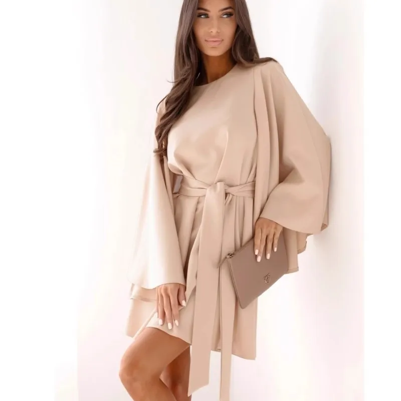 2025 женское модное сексуальное платье, весна-лето, последняя осень, однотонное мини-платье с круглым вырезом и длинными рукавами на талии для женщин