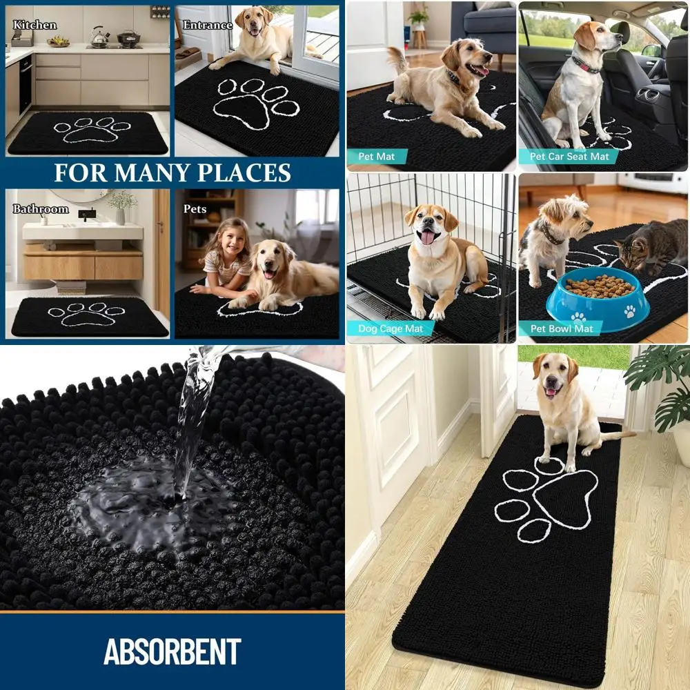

Mud-Resistant Dog Door Mat, 70x24, Paw Print, Quick-Dry, Non-Slip, Washable, Black