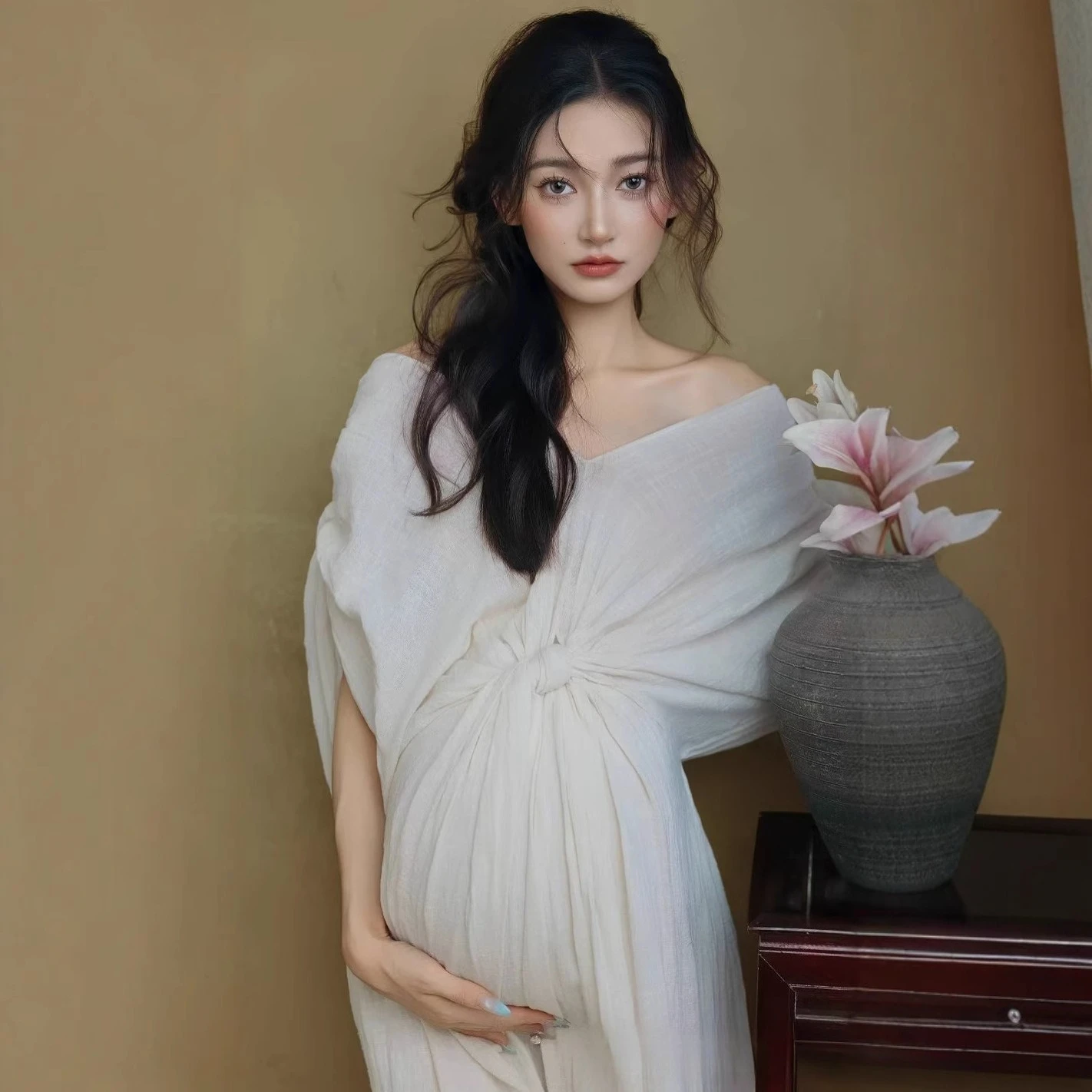 Femmes maternité Photoshoot français blanc élégant col en v épaules dénudées robe pour grossesse Studio Photoshoot vêtements Fotografia