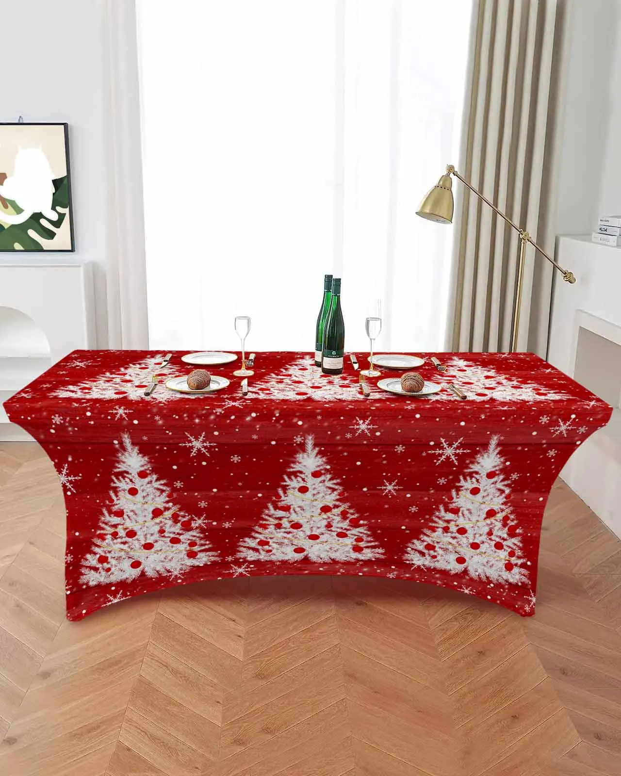 Christmas Red Wood Grain Tree Snowflakes High Stretch Tablecloth Wedding Party Decor Table Cover Outdoor Table Cloth