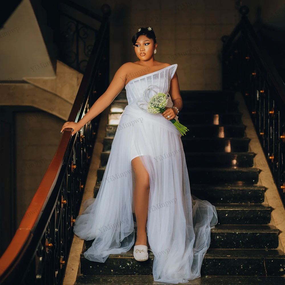Africa Wedding Dresses Bride Robe Strapless Side Split Tulle Corset Nigeria Bridal Shower Dress Morning Changing Robe Customized