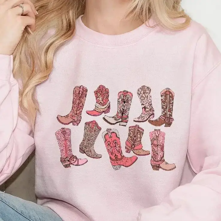 

Cowgirl Boots Country Sweatshirt Wild West Retro Vintage Sweatshirt Casual Graphic Hoodies Y2K Unisex Versatile Stylish Pullover