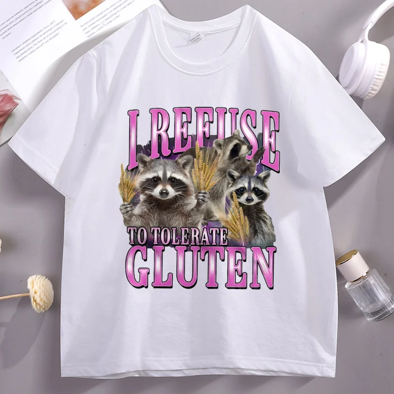 رفضت أن أتسامح الغلوتين الجرافيك تي شيرت للجنسين مضحك ريترو الراكون تي شيرت القطن قصير الأكمام بلايز مستديرة الرقبة عادية #1