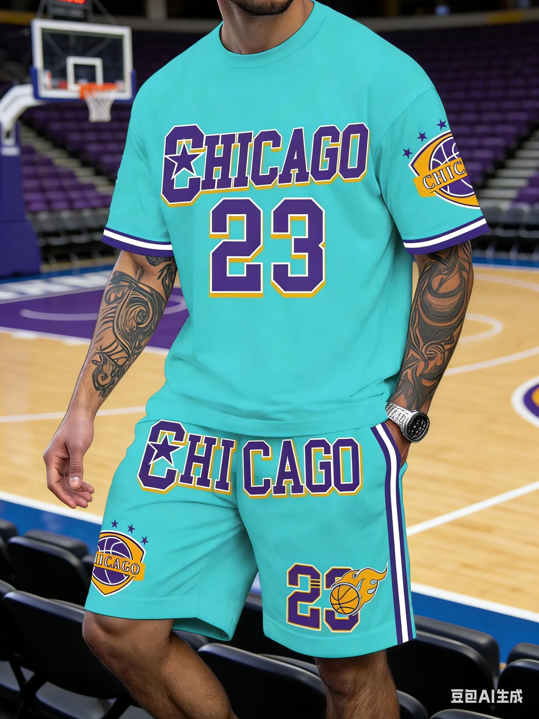 Ensemble 2 pièces de sport pour homme : T-shirt respirant à manches courtes et motif lettres de basketball, et short décontracté ample pour l'été