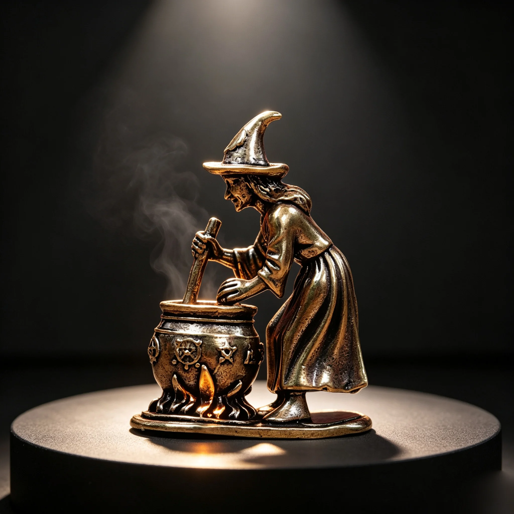 Brass Witch Figure with Cauldron Statue Witchcraft Figurine Halloween Tabletop Decoration Wiccan Altar Collectible