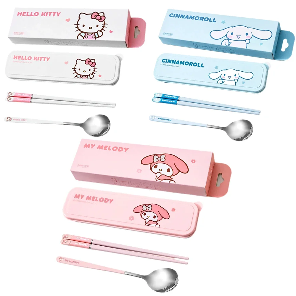 Sanrioed HelloKittys Cinnamoroll My Melody Chopsticks Spoon Set Portable Two-piece Tableware Storage Box for Office Workers