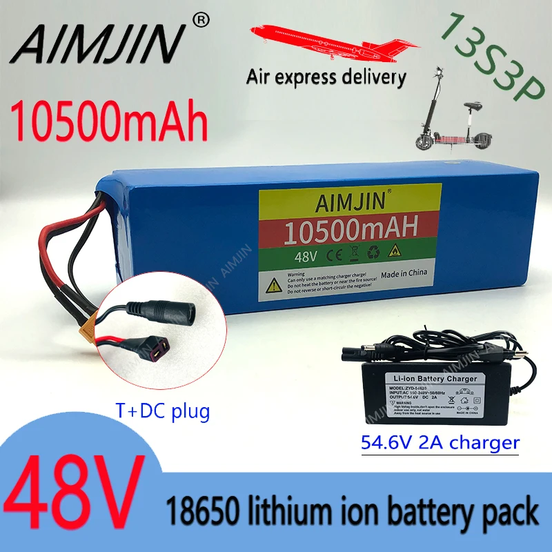 

High capacity 48V 10500mAh 18650 Li-Ion battery pack 13S3P 10.5Ah 1000W For 54.6v Motorized Scooter with BMS+charger T/DC Plug