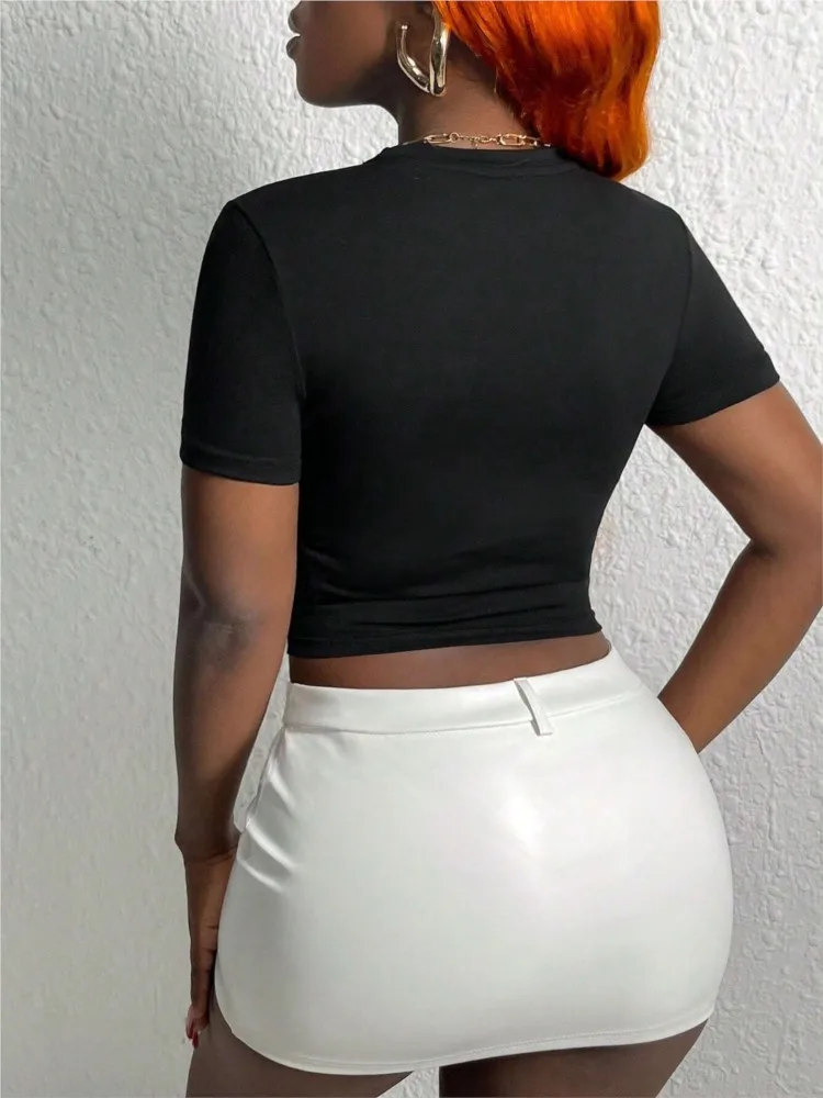 مجوهرات نقود نسائية مطبوعة بحروف تيشيرتات قطن محصول ، تيشيرتات برقبة دائرية ، ملابس بأكمام قصيرة ضيقة ، توبات عصرية للنساء ، Y2k