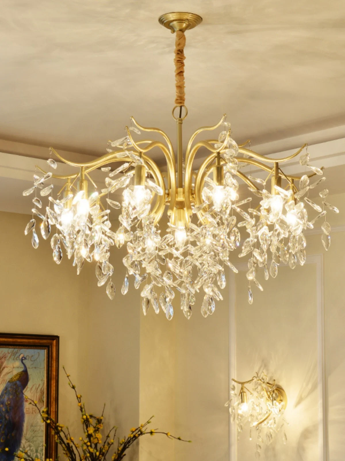 

Luxury American Crystal Chandelier Living Room Dining Room Chandelier Golden Minimalist French Creative Art Branch Chandelier