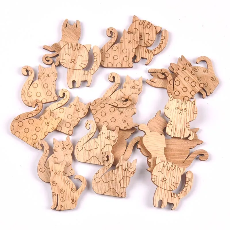 25pcs 2.5-3.5cm Cat Pattern Natural Wooden Chips Scrapbooking Carft for Home Decoration Diy Embellishments cp3423