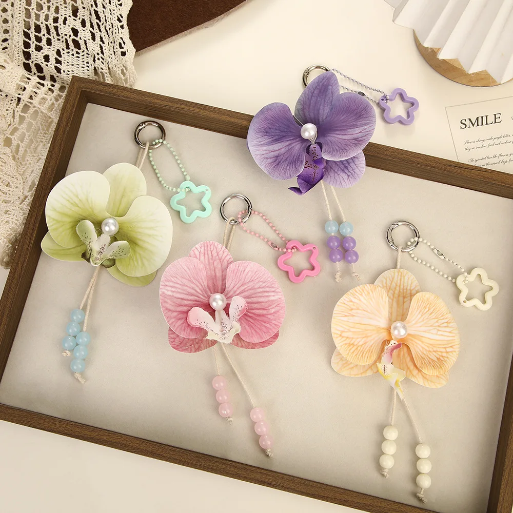 Simulation Flower Moth Orchids Lily Keychain Colorful Flower Butterfly Pendant Keyring Backpack Star Tassel Decoration Key Chain