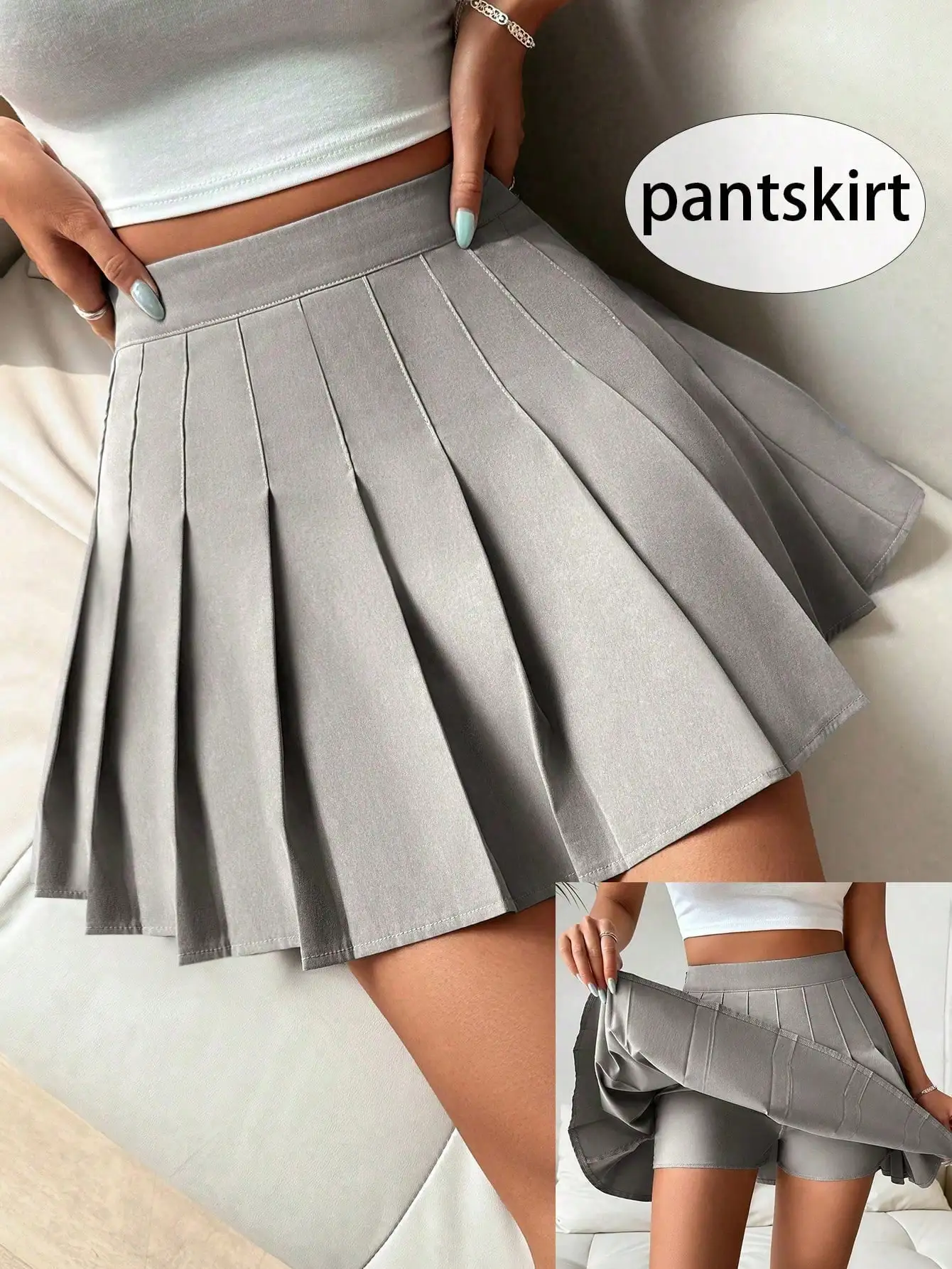 Women's Gray Pleated High-Waist Skort with Built-in Shorts