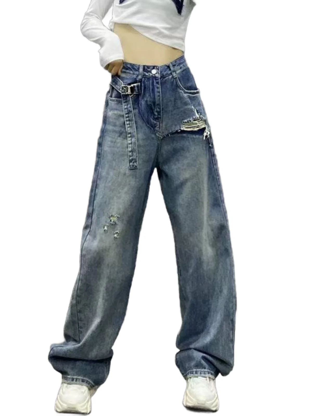 

Casual High Waist Distred Wide Leg Jeans Women's New Sle Personali Design Loose Fit Straight Cut Floor-Length Pants