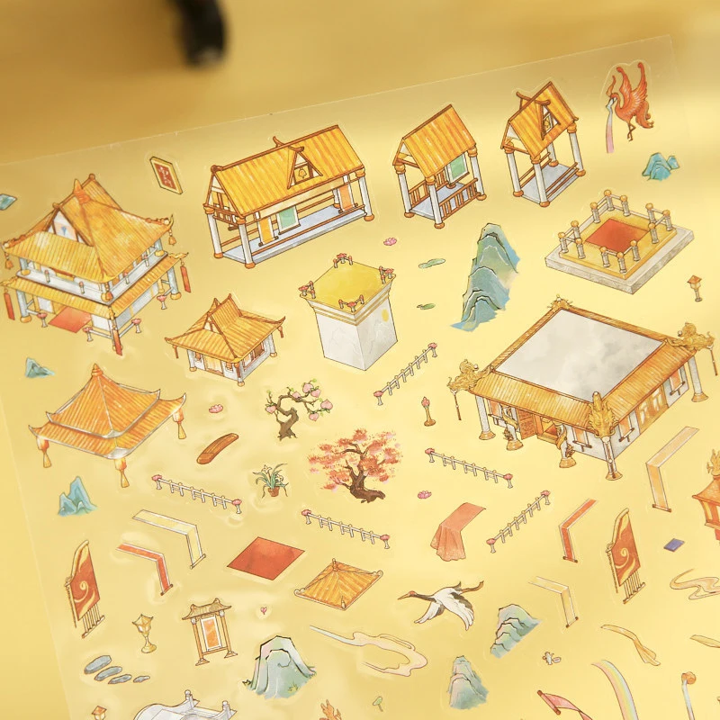 3pcs/lot 3D Scene Stickers with Mythical Oriental Elements, Exquisite 3D Patterns of Ancient Temples and Mythical Creatures