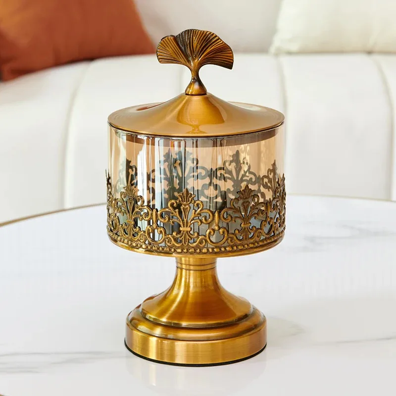 

Light high-end storage tank gold glass box with lid European American coffee tle candy snack decorative ornament