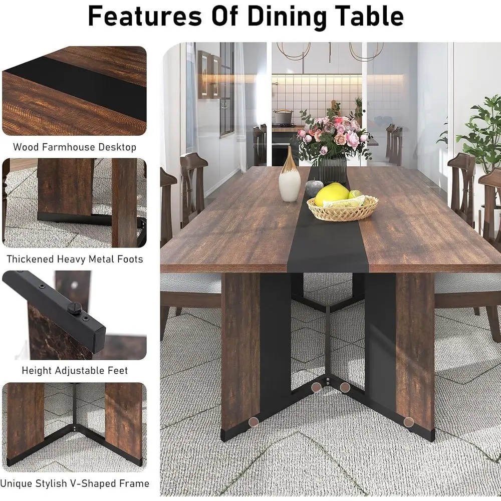70Inch Large Dining Table or 4 6 People,Wooden Recular Kitchen Table W/Waterproo Tabletop,Large Recurniture W/Adjustable Legs,Br - view 4