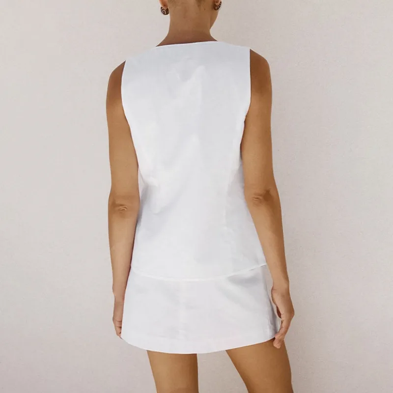 2024 New Summer Cotton Linen Women Skirt Set Temperament Commuting Women's Fashion White Lace Up Vest & Hip Wrap Skirt Outfits