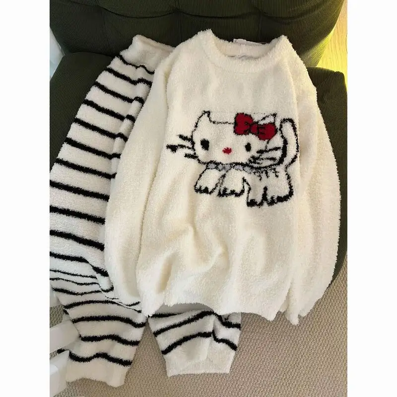 

Симпатичные пижамы Sanrio Hello Kittys Kawaii, брюки с длинными рукавами, теплые, милые, повседневные, удобные, модные, свободные, с мягким принтом, креативные