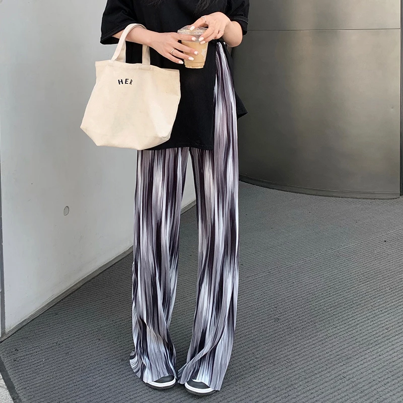 Fashionable High-Waisted Loose Wide-Leg Striped Pleated Straight Casual Pants