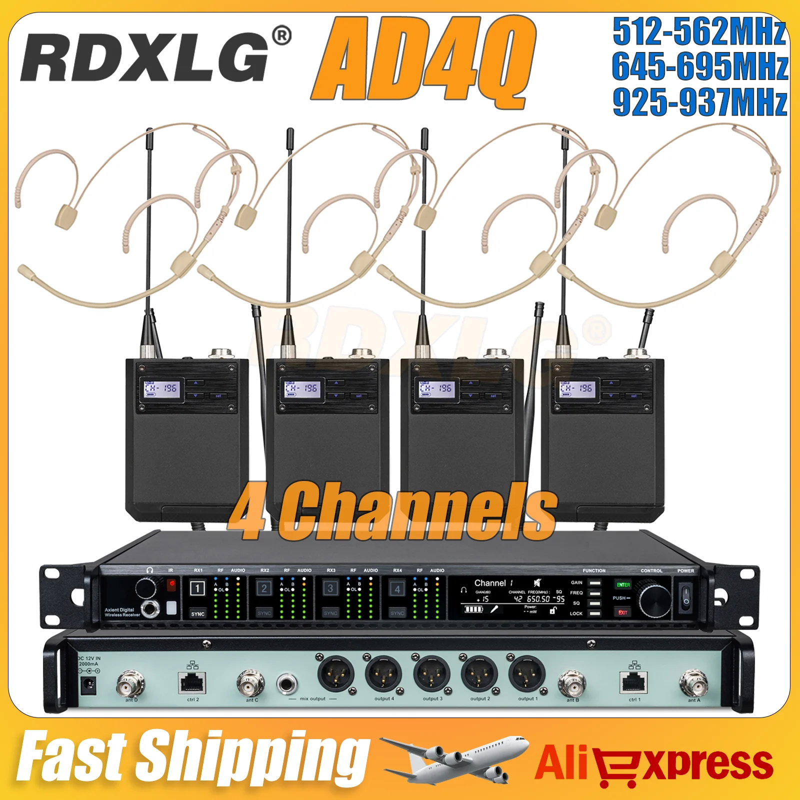 RDXLG AD4Q AXT100 Professional Wireless Microphone Bodypack Radio System 4-Channel Microfone Headset Mic For Stage