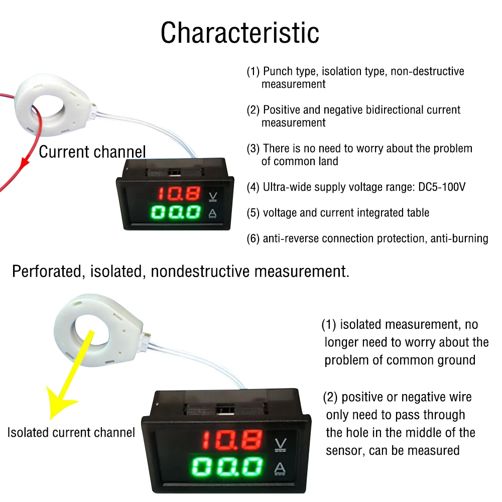 Imagem -02 - Led Digital Medidor de Tensão Atual Carro Hall Amperímetro Voltímetro Monitor de Bateria dc 0300v 50a 100a 200a 400a 12v 24v 36v 48v 60v