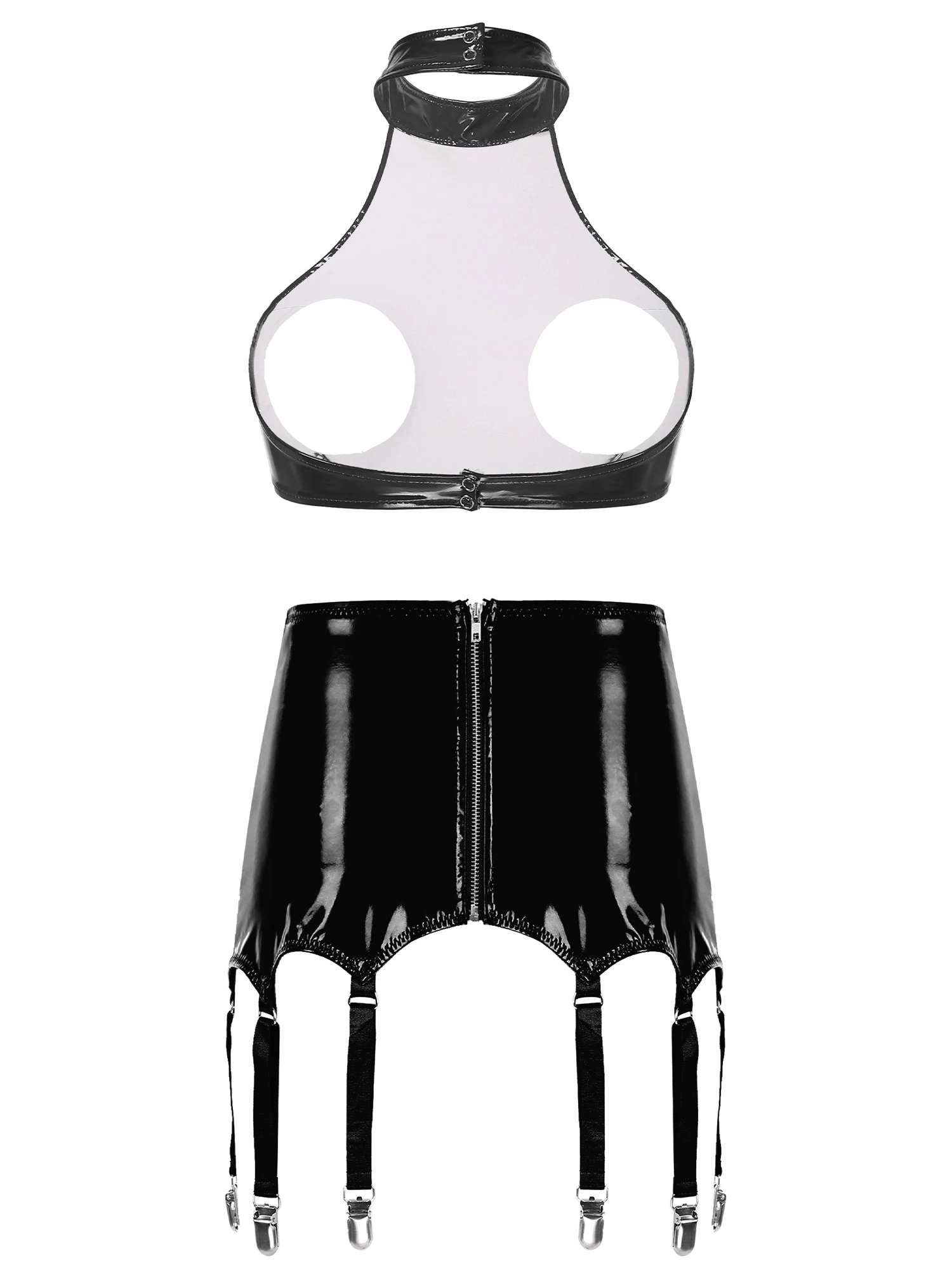 Womens Patent Leather Two-Pieces Porn Lingerie Set Wire-free Open Bust Push-up Bra Top Tank Top with Zipper Garters Mini Skirt