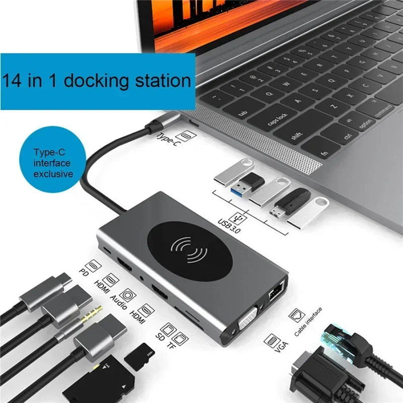 14 in 1 Docking Station USB HUB Adapters Type C To HDMI-compatible Wireless Charging 3.0 Adapter Dock Station For MacBook Office