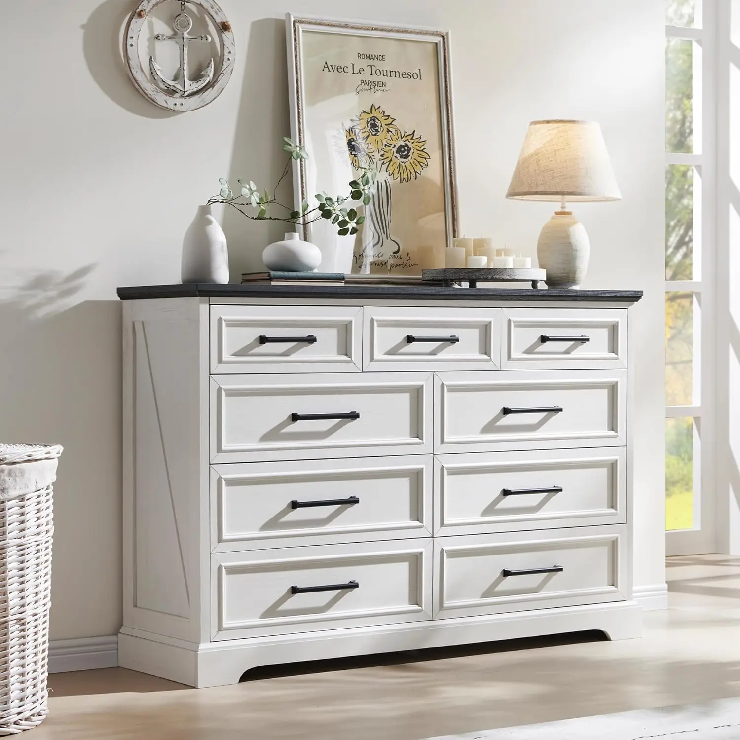 Farmhouse 9 Drawer Dresser for Bedroom 36 Inch Tall Modern Dresser TV Stand with Large Drawers & Bar Handles