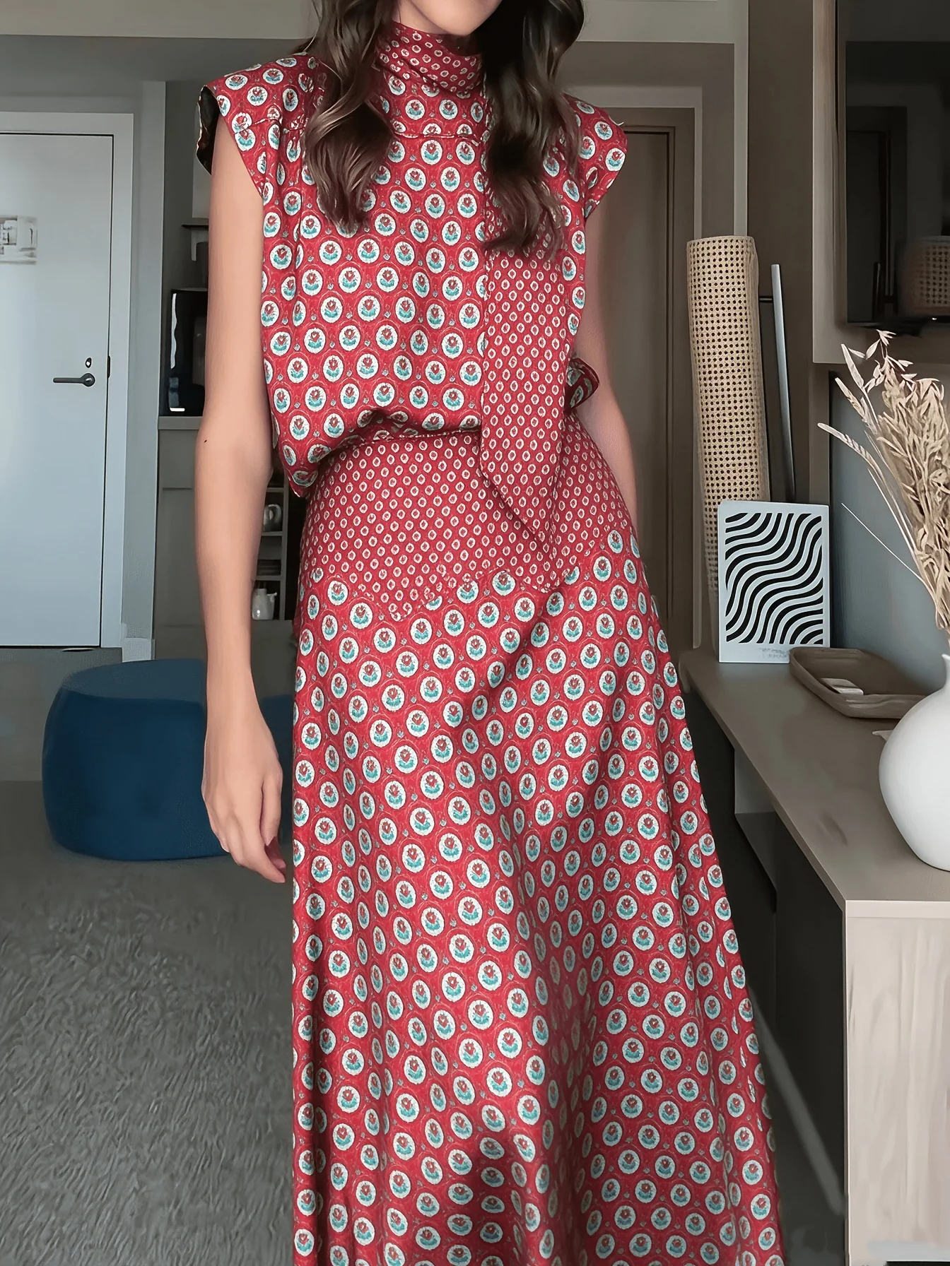 Wine-Red Polka-Dot Stand-Collar Sleeveless Top And Maxi Skirt 2-Piece Set Elegant Casual Outfit for Women