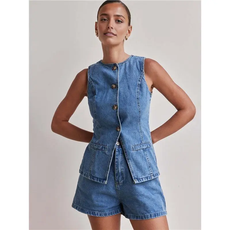 TEXU Female Denim 2 Piece Set Casual Business Sleeveless Jean Blazer Vest Tops And Shorts Outfit Tracksuits