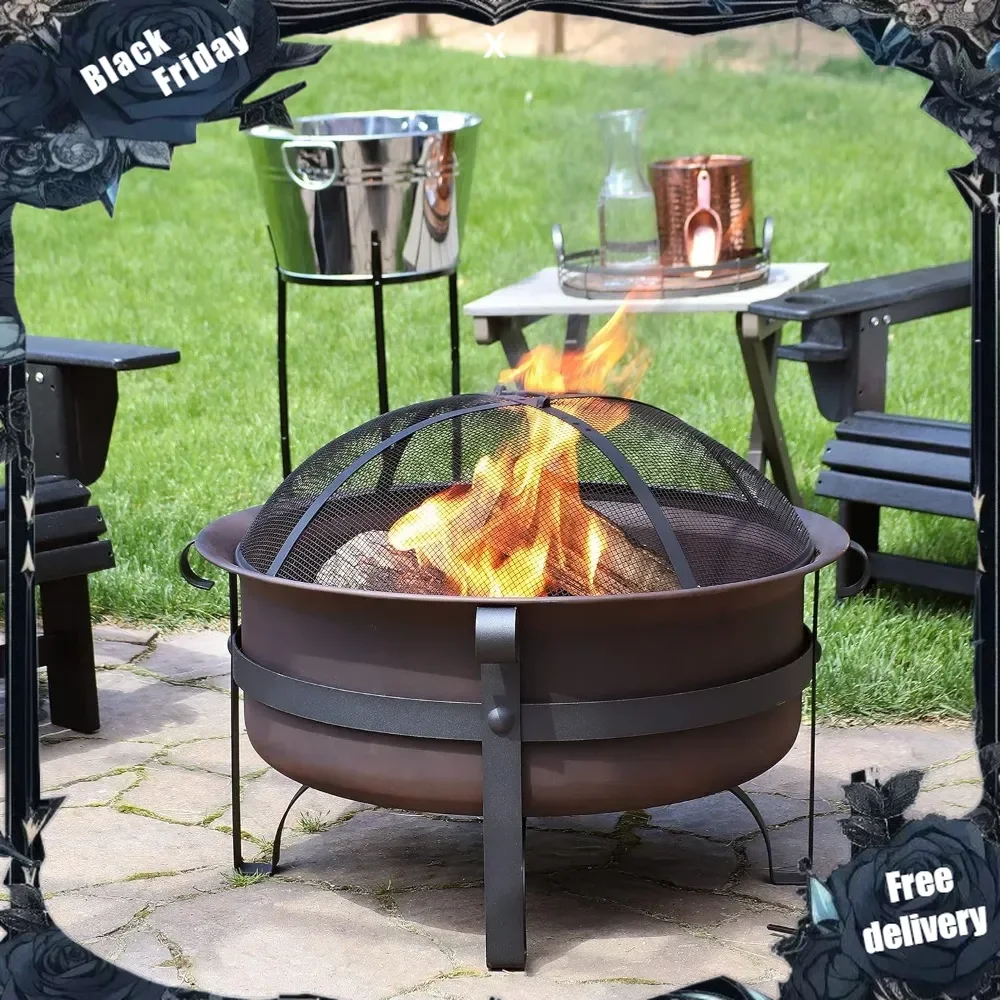 

29-Inch Bronze Cauldron Wood-Burning Fire Pit Bowl - Includes Portable Poker and Spark Screen