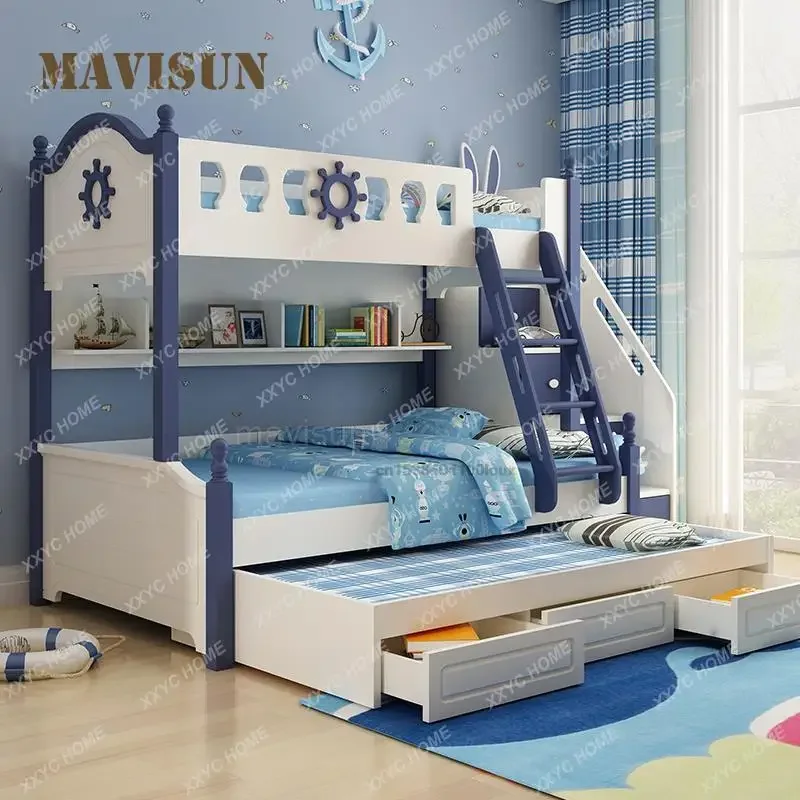 Nordic Style Modern Small Apartment Home Children\'s Two-Layer Bed With Drawers Convertible Combination Kid’s Wood Bunk Bed Boys