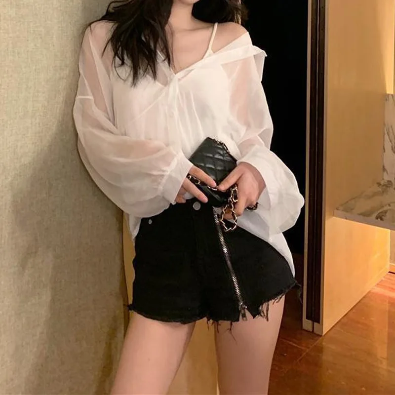 Sexy Perspective Loose Blouse Summer New Thin Long Sleeve Polo Neck Chiffon Solid Trend Shirt Tops Fashion Casual Women Clothing